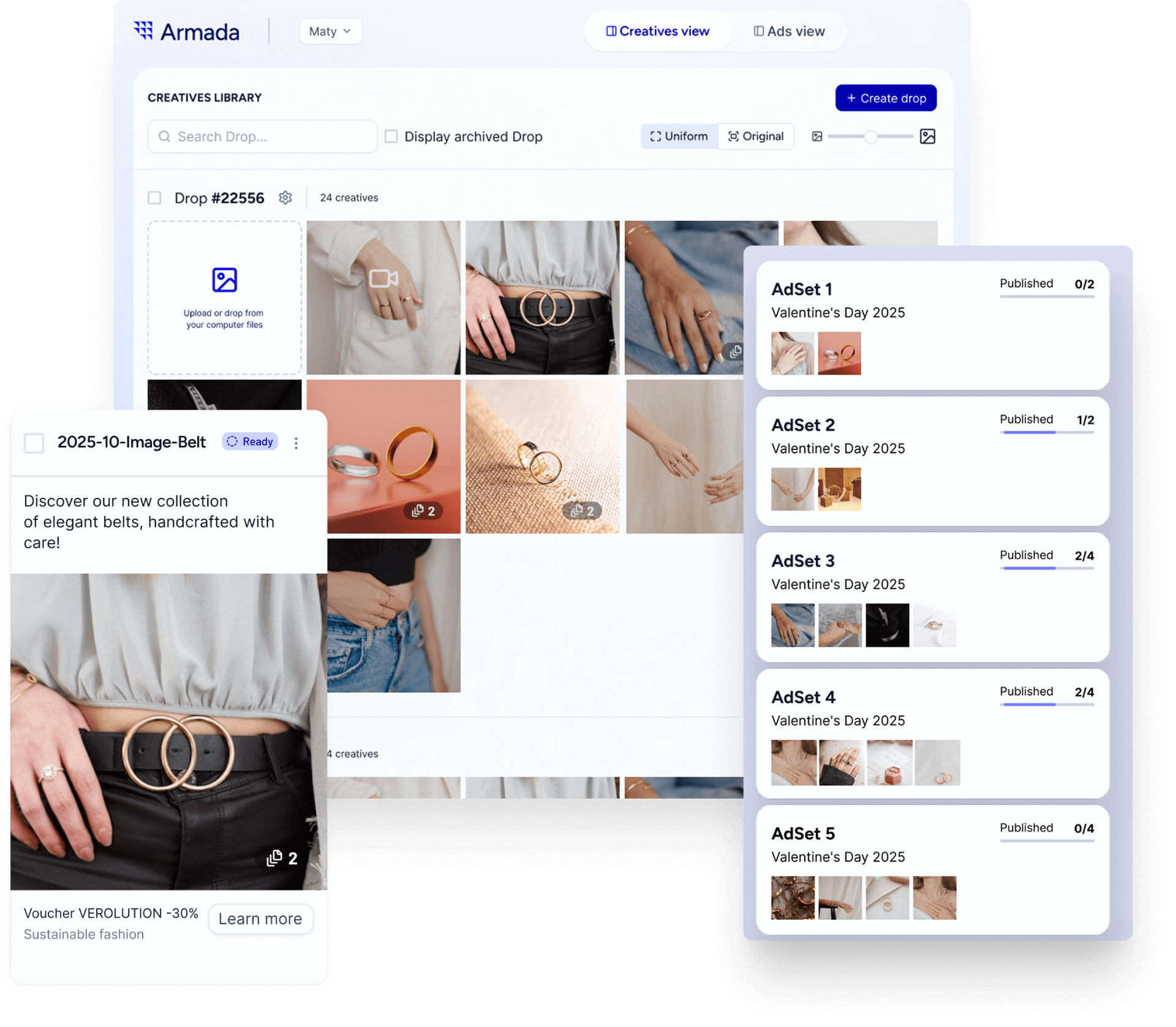 Armada bulk Meta ads upload dashboard showing creatives library with ad sets and campaign management